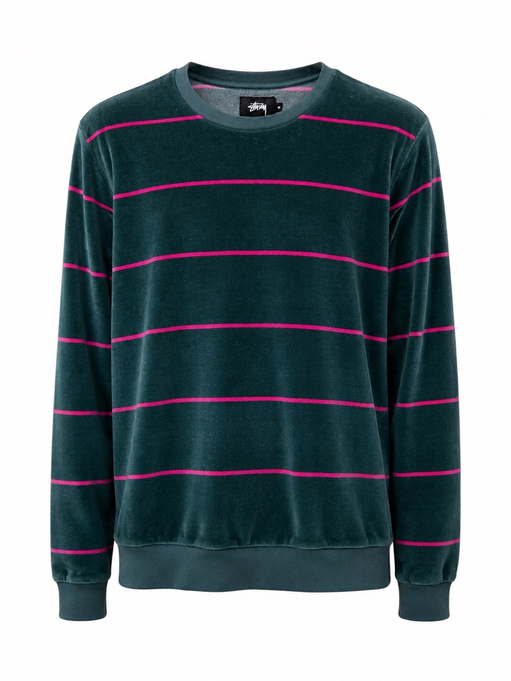 Stussy Stripe Velour Long Sleeve Crewneck Sweatshirt Teal Pink Mens M